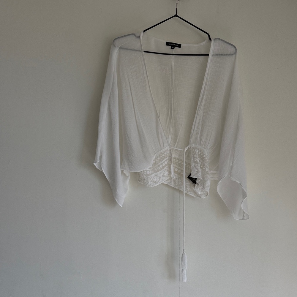 William B White Sheer Top With Embroidered Trim and Tie - Size M